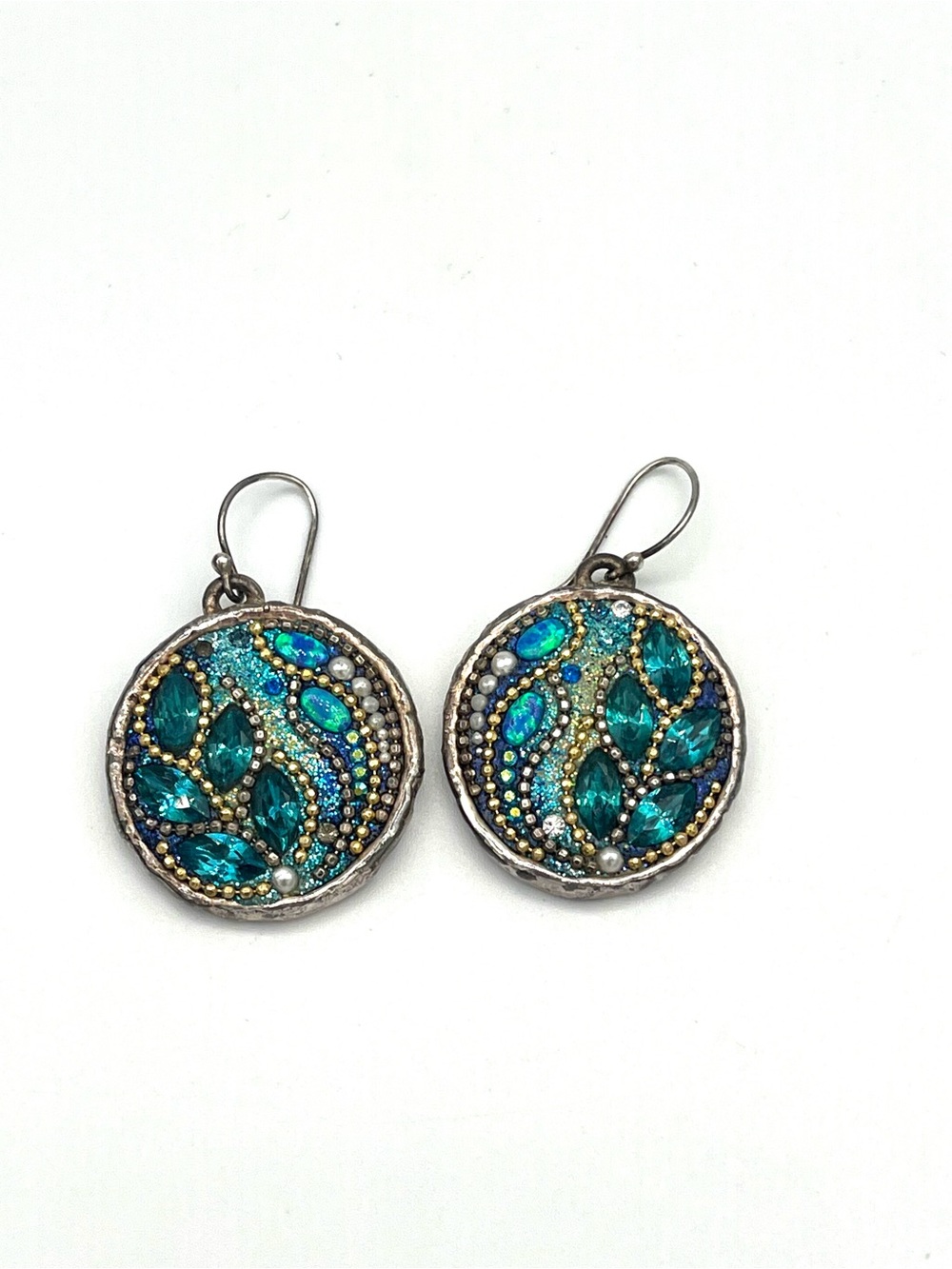 Orit Schatzman Fire Opal Blue Rhinestone Mosaic Disc Earrings - Women Jewelry